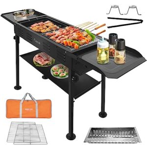 baisal portable charcoal grill for outdoor bbq, foldable camping barbecue hibachi kabob grills, 1.6 ft² barbecue area binchotan grill with shelf carbon tank and carry bag for backyard party travel picnic home