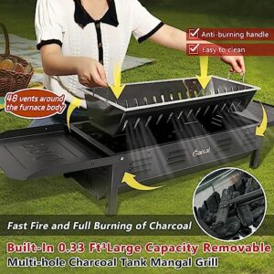 Baisal Portable Charcoal Grill for Outdoor BBQ, Foldable Camping Barbecue Hibachi Kabob Grills, 1.6 Ft² Barbecue Area Binchotan Grill with Shelf Carbon Tank and Carry Bag for Backyard Party Travel Picnic Home