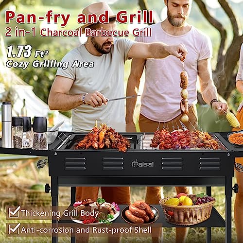 Baisal Portable Charcoal Grill for Outdoor BBQ, Foldable Camping Barbecue Hibachi Kabob Grills, 1.6 Ft² Barbecue Area Binchotan Grill with Shelf Carbon Tank and Carry Bag for Backyard Party Travel Picnic Home