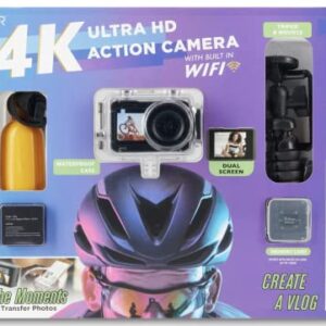 Vivitar 4K Ultra HD Action Camera Bundle Dual Screens, WiFi, 64GB SD, 2 Batteries, Waterproof Case, EIS & More