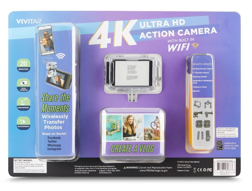 Vivitar 4K Ultra HD Action Camera Bundle Dual Screens, WiFi, 64GB SD, 2 Batteries, Waterproof Case, EIS & More