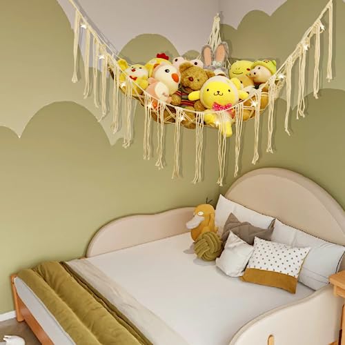 YELIENM Boho Stuffed Animals Net or Hammock with LED Light, 55 inch Toy Hammock Macrame Stuffed Animal Storage Corner Hanging Net Holder,Mesh Hammock Plush Toy Organizer for Bedroom Nursery