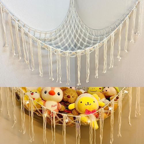 YELIENM Boho Stuffed Animals Net or Hammock with LED Light, 55 inch Toy Hammock Macrame Stuffed Animal Storage Corner Hanging Net Holder,Mesh Hammock Plush Toy Organizer for Bedroom Nursery