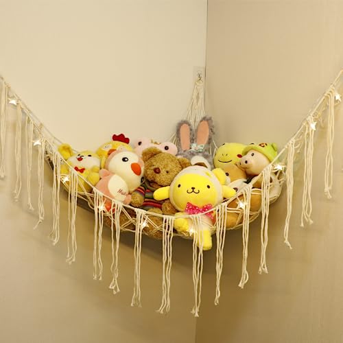 YELIENM Boho Stuffed Animals Net or Hammock with LED Light, 55 inch Toy Hammock Macrame Stuffed Animal Storage Corner Hanging Net Holder,Mesh Hammock Plush Toy Organizer for Bedroom Nursery