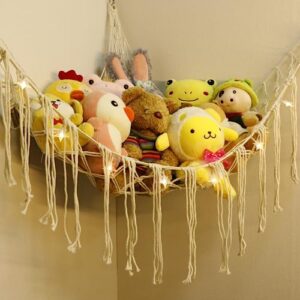 YELIENM Boho Stuffed Animals Net or Hammock with LED Light, 55 inch Toy Hammock Macrame Stuffed Animal Storage Corner Hanging Net Holder,Mesh Hammock Plush Toy Organizer for Bedroom Nursery