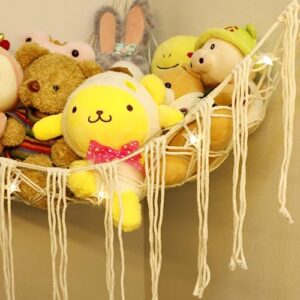 YELIENM Boho Stuffed Animals Net or Hammock with LED Light, 55 inch Toy Hammock Macrame Stuffed Animal Storage Corner Hanging Net Holder,Mesh Hammock Plush Toy Organizer for Bedroom Nursery