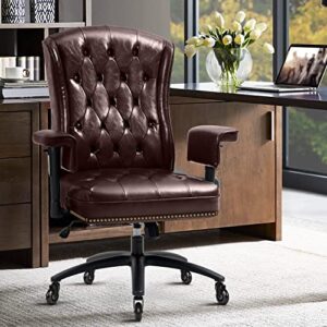 yamasoro high back ergonomic executive office chair with wheels and arms, tufted back & nailhead trim, home office desk chairs for home & office, faux leather swivel work chair,brown