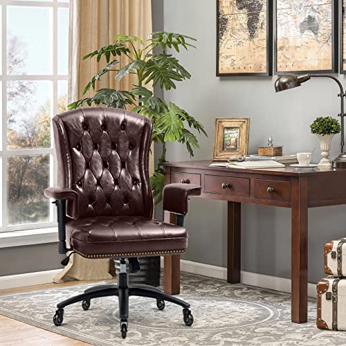 YAMASORO High Back Ergonomic Executive Office Chair with Wheels and Arms, Tufted Back & Nailhead Trim, Home Office Desk Chairs for Home & Office, Faux Leather Swivel Work Chair,Brown