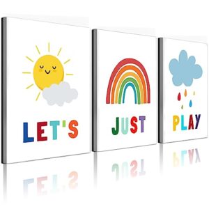 playroom wall decor kids colorful prints canvas framed wall art baby nursery play sign for playroom wall let's just play sign posters for bedroom living room decoration ready to hang, set of 3,12x16in,framed (colorful)