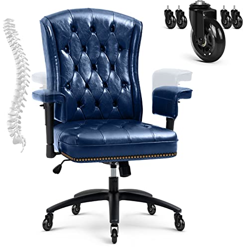 YAMASORO Ergonomic Executive Office Chair with Height-Adjustable, Tufted Back & Nailhead Trim, High-Back Desk Chair for Home & Office, Faux Leather Swivel Managerial Chair,Blue