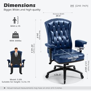 YAMASORO Ergonomic Executive Office Chair with Height-Adjustable, Tufted Back & Nailhead Trim, High-Back Desk Chair for Home & Office, Faux Leather Swivel Managerial Chair,Blue