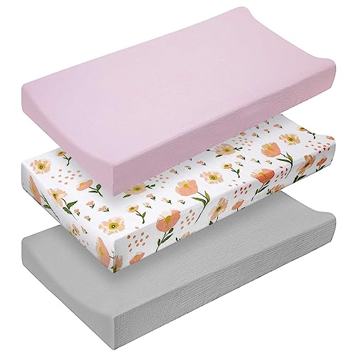 Newwiee 3 Pcs Muslin Changing Pad Cover Neutral Diaper Change Table Pad Covers Soft Breathable Changing Table Sheets for Baby Boys Girls Gift Fit 32 x 16 inch Contoured Pad