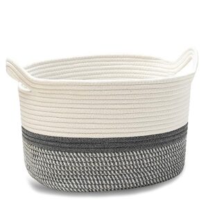 jia qaq square cotton rope samll baskets with handles for nursery, toys, household, handcrafted woven gift baskets for storage and organization,13.5x11x9.5inch (white-grey)