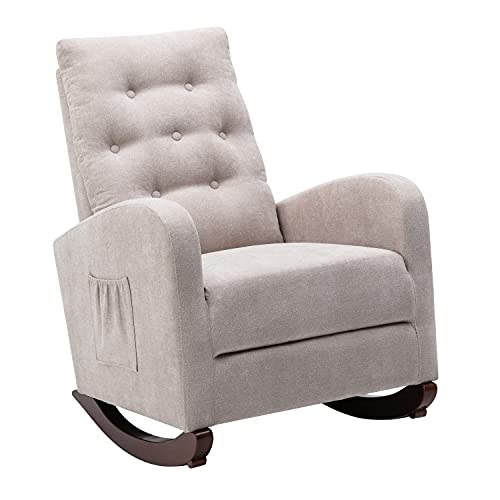 BOSTANA Rocking Chair Nursery, High Backrest Upholstered Velvet Glider Chair with Rubber Wood Legs & Side Pocket,Rocker Armchair for Livingroom,Bedroom,Lounge