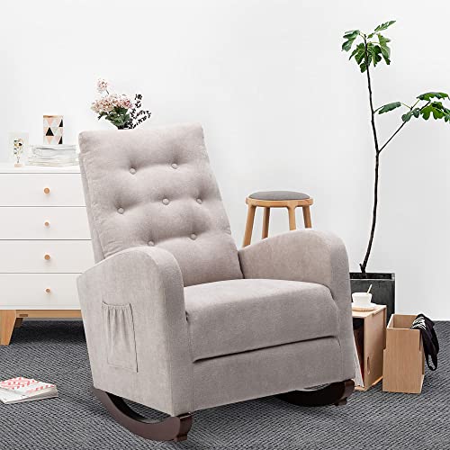 BOSTANA Rocking Chair Nursery, High Backrest Upholstered Velvet Glider Chair with Rubber Wood Legs & Side Pocket,Rocker Armchair for Livingroom,Bedroom,Lounge