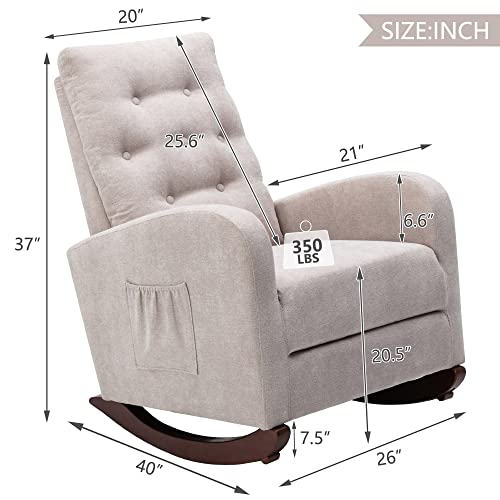 BOSTANA Rocking Chair Nursery, High Backrest Upholstered Velvet Glider Chair with Rubber Wood Legs & Side Pocket,Rocker Armchair for Livingroom,Bedroom,Lounge