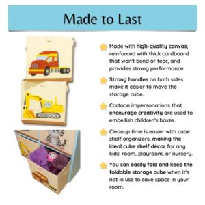 Product 4 Kids - Washable Toy Box Storage Cube, Canvas Toy Chest Organizer Foldable Kids Toy Storage Organizers for Child's Bedroom or Playroom -13x13x13 Inch (Truck+ Excavator)