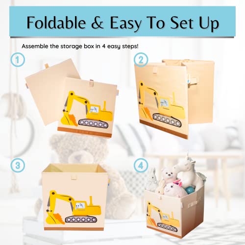 Product 4 Kids - Washable Toy Box Storage Cube, Canvas Toy Chest Organizer Foldable Kids Toy Storage Organizers for Child's Bedroom or Playroom -13x13x13 Inch (Truck+ Excavator)