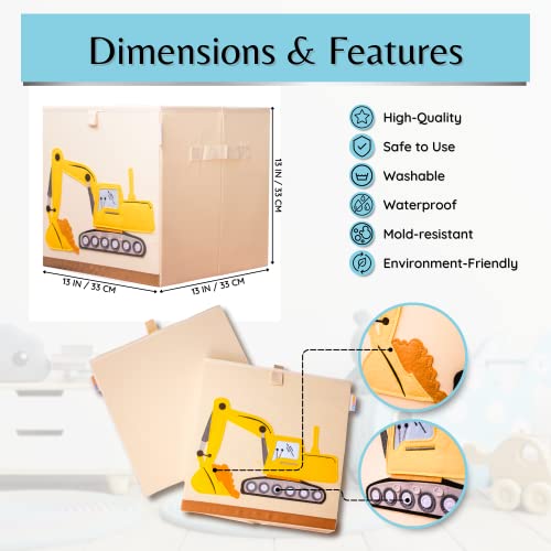 Product 4 Kids - Washable Toy Box Storage Cube, Canvas Toy Chest Organizer Foldable Kids Toy Storage Organizers for Child's Bedroom or Playroom -13x13x13 Inch (Truck+ Excavator)