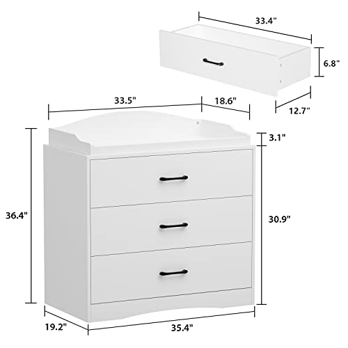 ECACAD Modern Nursery Dresser Chest with 3 Drawers & Guard Table Top, Wood Dresser Storage Chest of Drawers for Bedroom, Hallway, White (35.4”W x 19.2”D x 36.4”H)