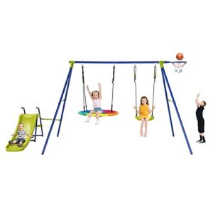 costzon swing sets for backyard, 4-in-1 heavy duty large metal swing frame w/2 adjustable swings, slide, basketball hoop, play equipment for indoor outdoor gift kids 3-12 years old