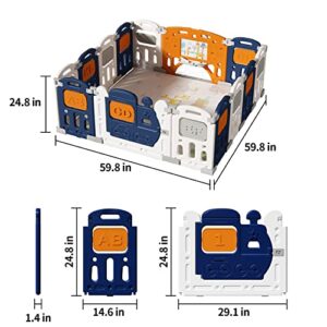 UNICOO Baby Early Education Playpen, Foldable Kids Fence, with Door Lock and Games Station Non-Slip Rubber Bases, Adjustable Shape, Portable Design for Indoor Outdoor Use (Dark Blue + White)