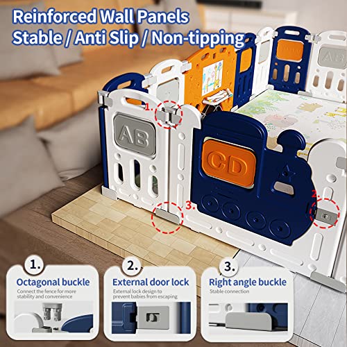 UNICOO Baby Early Education Playpen, Foldable Kids Fence, with Door Lock and Games Station Non-Slip Rubber Bases, Adjustable Shape, Portable Design for Indoor Outdoor Use (Dark Blue + White)