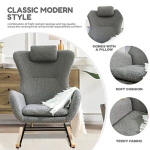 Modern Gray Rocking Chair Nursery Living Room Rocking Chair Teddy Fabric Upholstered Glider Chair High Backrest Side Hanging Pocket Side Accent Chair for Bedroom Offices (Gray + Polyester)