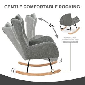 Modern Gray Rocking Chair Nursery Living Room Rocking Chair Teddy Fabric Upholstered Glider Chair High Backrest Side Hanging Pocket Side Accent Chair for Bedroom Offices (Gray + Polyester)