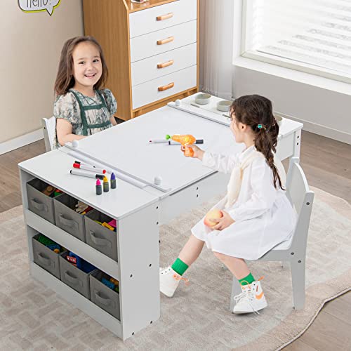 INFANS 2 in 1 Kids Art Table and Chair Set, Toddler Craft Play Wood Activity Desk with 2 Chairs Paper Roll Storage Canvas Bins Paint Cups for Drawing Writing, Children Furniture for Daycare Nursery