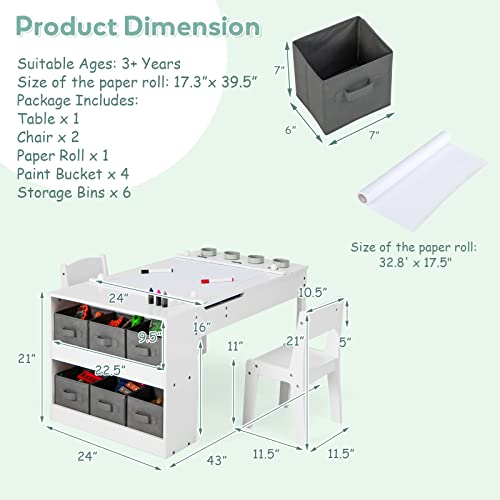 INFANS 2 in 1 Kids Art Table and Chair Set, Toddler Craft Play Wood Activity Desk with 2 Chairs Paper Roll Storage Canvas Bins Paint Cups for Drawing Writing, Children Furniture for Daycare Nursery