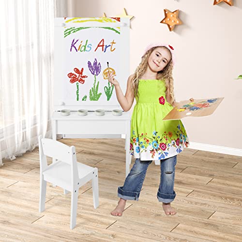 INFANS 2 in 1 Kids Art Table and Chair Set, Toddler Craft Play Wood Activity Desk with 2 Chairs Paper Roll Storage Canvas Bins Paint Cups for Drawing Writing, Children Furniture for Daycare Nursery