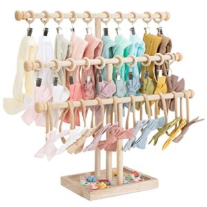 povetire headband holder stand storage for baby, 3 tier wooden bow organizer for girls hair bows, infant hair accessories rack display for nursery decor