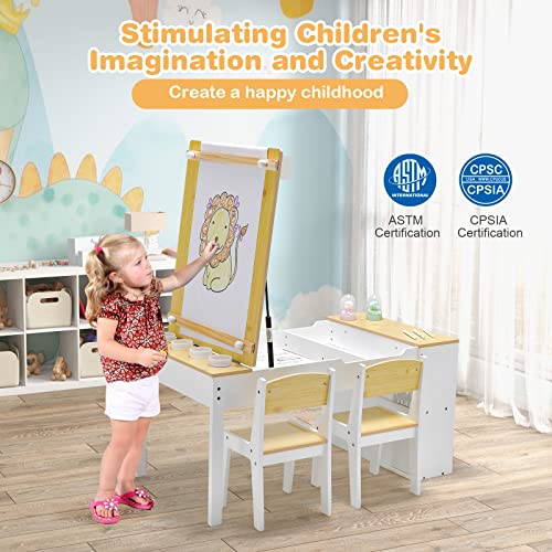 Costzon 2 in 1 Kids Table and Chair Set, Wood Art Table & Easel Set with 2 Chairs, 6 Storage Bins, Paper Roller, Paint Cups for Draw, Write, Play, Arts & Crafts, Toddler Table and Chair Set (Natural)