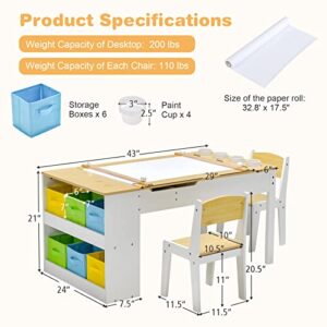 Costzon 2 in 1 Kids Table and Chair Set, Wood Art Table & Easel Set with 2 Chairs, 6 Storage Bins, Paper Roller, Paint Cups for Draw, Write, Play, Arts & Crafts, Toddler Table and Chair Set (Natural)