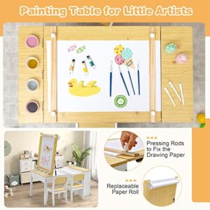 Costzon 2 in 1 Kids Table and Chair Set, Wood Art Table & Easel Set with 2 Chairs, 6 Storage Bins, Paper Roller, Paint Cups for Draw, Write, Play, Arts & Crafts, Toddler Table and Chair Set (Natural)