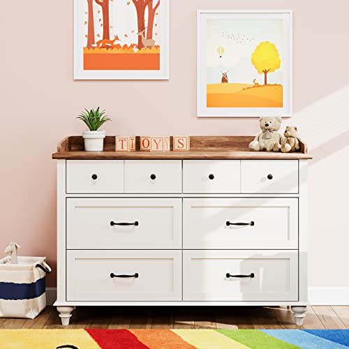 WAMPAT Dresser for Kids Bedroom with 6 Drawers, Mid Century Baby Dresser Wide Chest of Drawers with Storage Cabinet Organizer for Nursery, Living Room, White/Oak