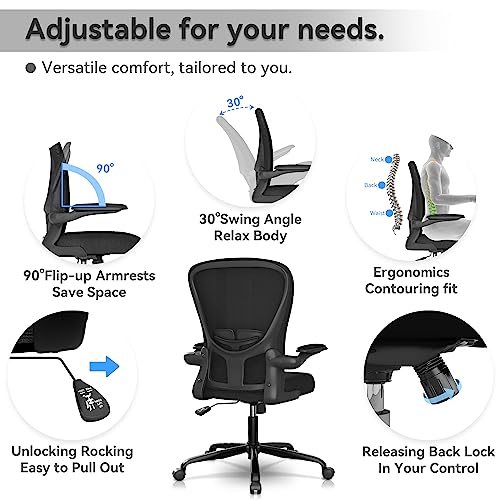 FFIJJ Office Chair,Ergonomic Office Chair,Breathable Mesh Desk Chair, Lumbar Support Computer Chair with Flip-up Armrests, Executive Rolling Swivel Task Chair,Home Office Desk Chair (Black)