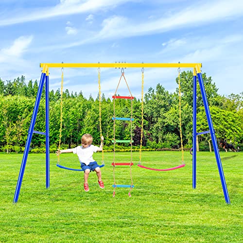 EMKK Outdoor Toddler Swing Set for Backyard, Playground Swing Sets with Climbing Ladder, Swing and Climbing Playset for Kids