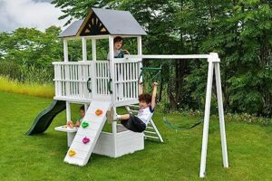 avenlur craftsman modern swing set - outdoor backyard swing: montessori waldorf style slide, clubhouse, fort, gymnastic bar, rock climb wall, and more for kids' imaginative play - astm cert. - 3-11yr
