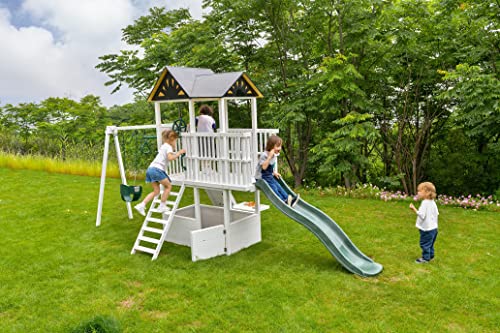 Avenlur Craftsman Modern Swing Set - Outdoor Backyard Swing: Montessori Waldorf Style Slide, Clubhouse, Fort, Gymnastic Bar, Rock Climb Wall, and More for Kids' Imaginative Play - ASTM Cert. - 3-11yr