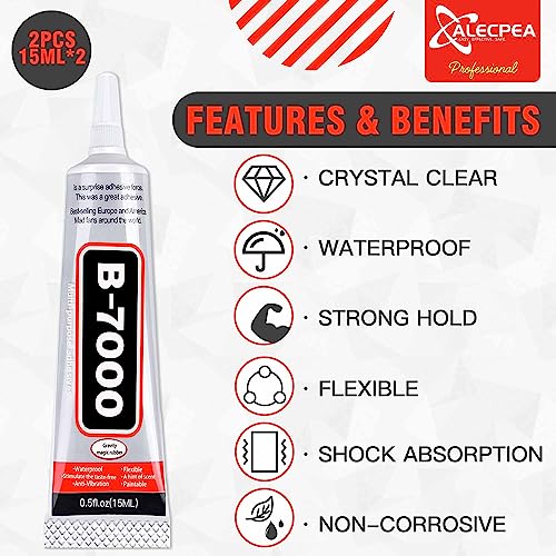 B7000 Glue - 15ml/0.5oz (2 Pack) - Multipurpose Adhesive for Electronics, Crafts, Jewelry - Strong Bonding, Flexible, Clear Drying