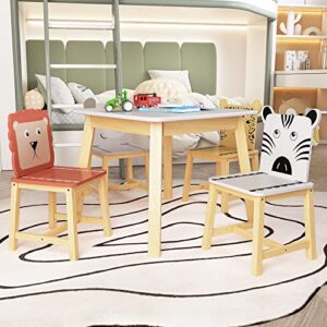 yunlife&home 5-piece kiddy kitchen and dining room furniture, cartoon animals wood table with 4 chairs sets for kids toddlers girls boys, 23.6'' w x 23.6'' d x 19.7'' h, white