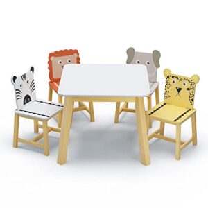 YUNLife&Home 5-Piece Kiddy Kitchen and Dining Room Furniture, Cartoon Animals Wood Table with 4 Chairs Sets for Kids Toddlers Girls Boys, 23.6'' W x 23.6'' D x 19.7'' H, White