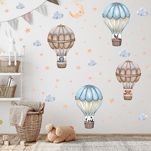 OLMIXA Watercolor Hot Air Balloon Wall Decal, Animal with Moon Stars Clouds Wall Stickers, Vinyl Colorful Wall Art for Nursery Toddler Room Playroom Decor