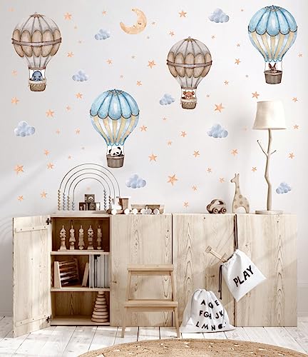 OLMIXA Watercolor Hot Air Balloon Wall Decal, Animal with Moon Stars Clouds Wall Stickers, Vinyl Colorful Wall Art for Nursery Toddler Room Playroom Decor