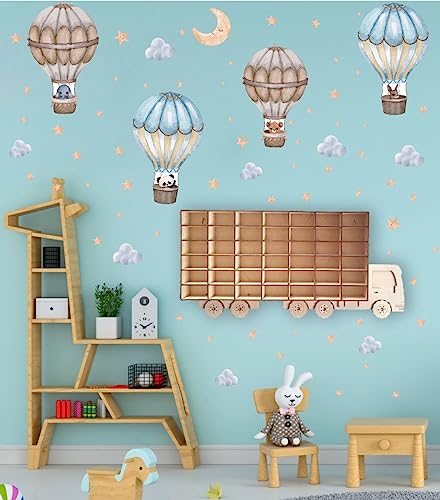 OLMIXA Watercolor Hot Air Balloon Wall Decal, Animal with Moon Stars Clouds Wall Stickers, Vinyl Colorful Wall Art for Nursery Toddler Room Playroom Decor