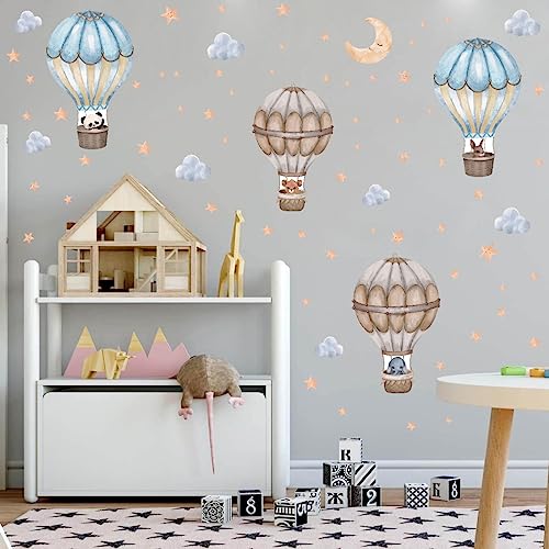 OLMIXA Watercolor Hot Air Balloon Wall Decal, Animal with Moon Stars Clouds Wall Stickers, Vinyl Colorful Wall Art for Nursery Toddler Room Playroom Decor