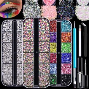 4320pcs face gems for makeup with glue, 2-5mm colorful beads & 2.4-6mm round glass crystal ab & clear gems & 4 colors cosmetic chunky glitter with dotting tools, eye jewels for body make-up, nail art