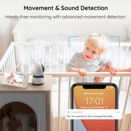 BOIFUN 5" Video Baby Monitor, 1080P Baby Monitor Via App and Screen Control, Record & Playback, Temper & Humidity Sensor, Night Vision, 2-Way Audio, Cry & Motion Detection, with Wall Mount Base